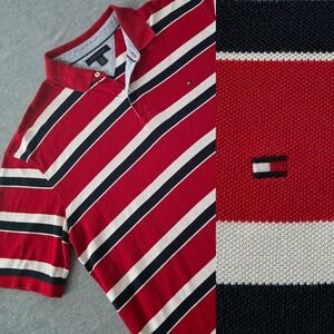 Tommy Hilfiger Men's XXL Polo Shirt Red White Blue Striped Short Sleeve